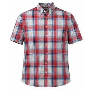 Van Heusen Mens XXL Short Sleeve Plaid Button Down Shirt Red Blue White 00848